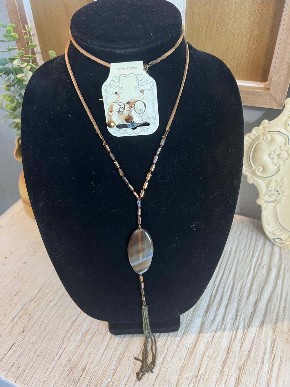 New Boho Necklace in Brown and Gold - with Earrings